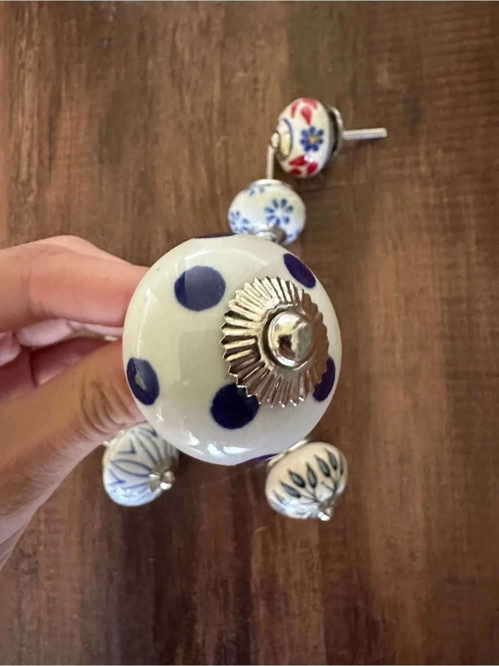 Hand-Painted Ceramic Knob Set - Blue, White & Red Decorative Drawer Pulls